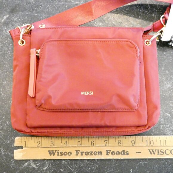 Mersi Purse Erin Rust Orange Red Gold Nylon Zip Compartments Seatbelt Strap NEW - Picture 12 of 13